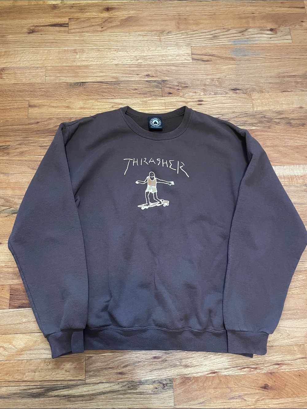 Thrasher Brown Crewneck with Beige Skate Graphic
